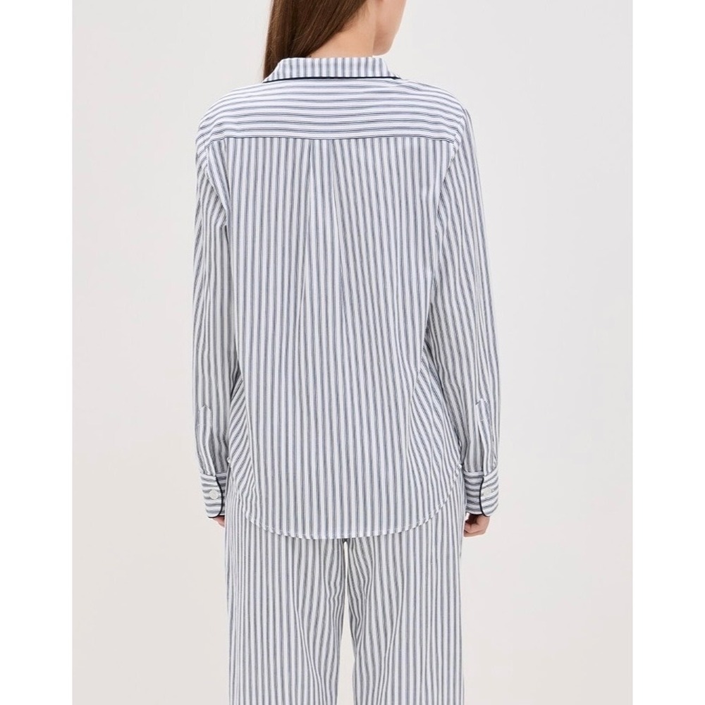 Petite Plume French Ticking Twill Pajama Top Womens M Navy White Stripe Preppy - Picture 2 of 11
